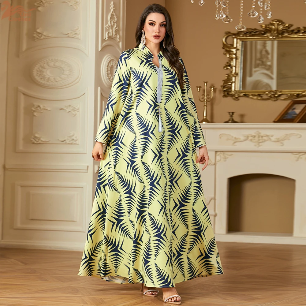 Uni ใหม่มุสลิมพิมพ์ลายดอกไม้ Maxi Abaya พู่แขนยาวชุด Caftan Marocain Femme 2025