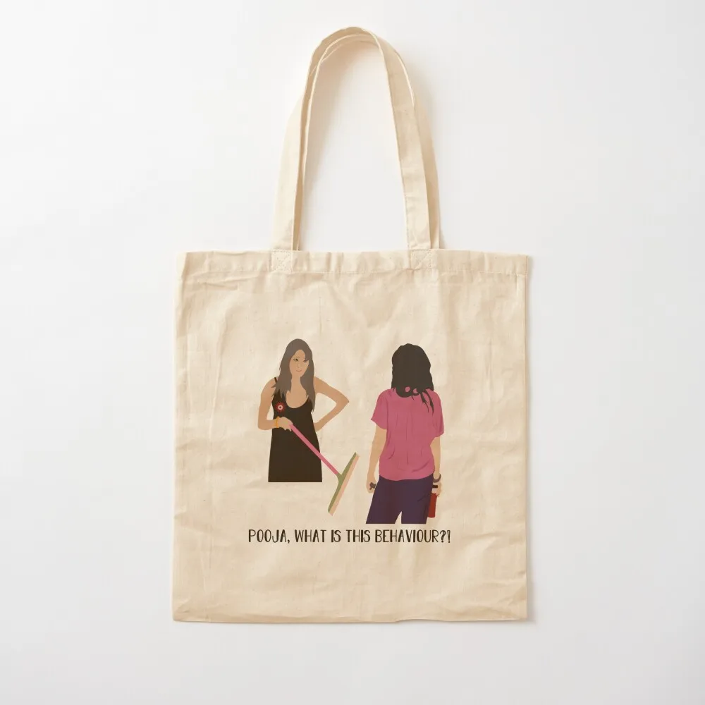 

Pooja What Is This Behaviour - Desi Indian Meme Tote Bag Woman shopper bag tote bags men Canvas Tote Bag