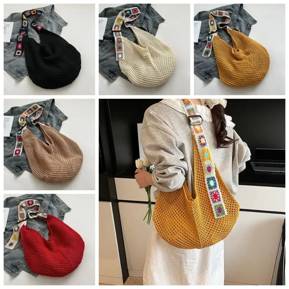 

Большая вместительная вязаная крючком сумка-тоут с цветком, легкая полая тканая сумка с вышитым ремешком, полиэстеровая вязаная сумка женская