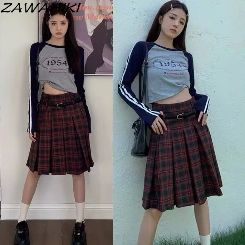 ZAWAHIKI Long Skirts for Women American Retro Preppy Plaid Vintage Sweet Pleated Spring Summer Red Casual Temperament Faldas