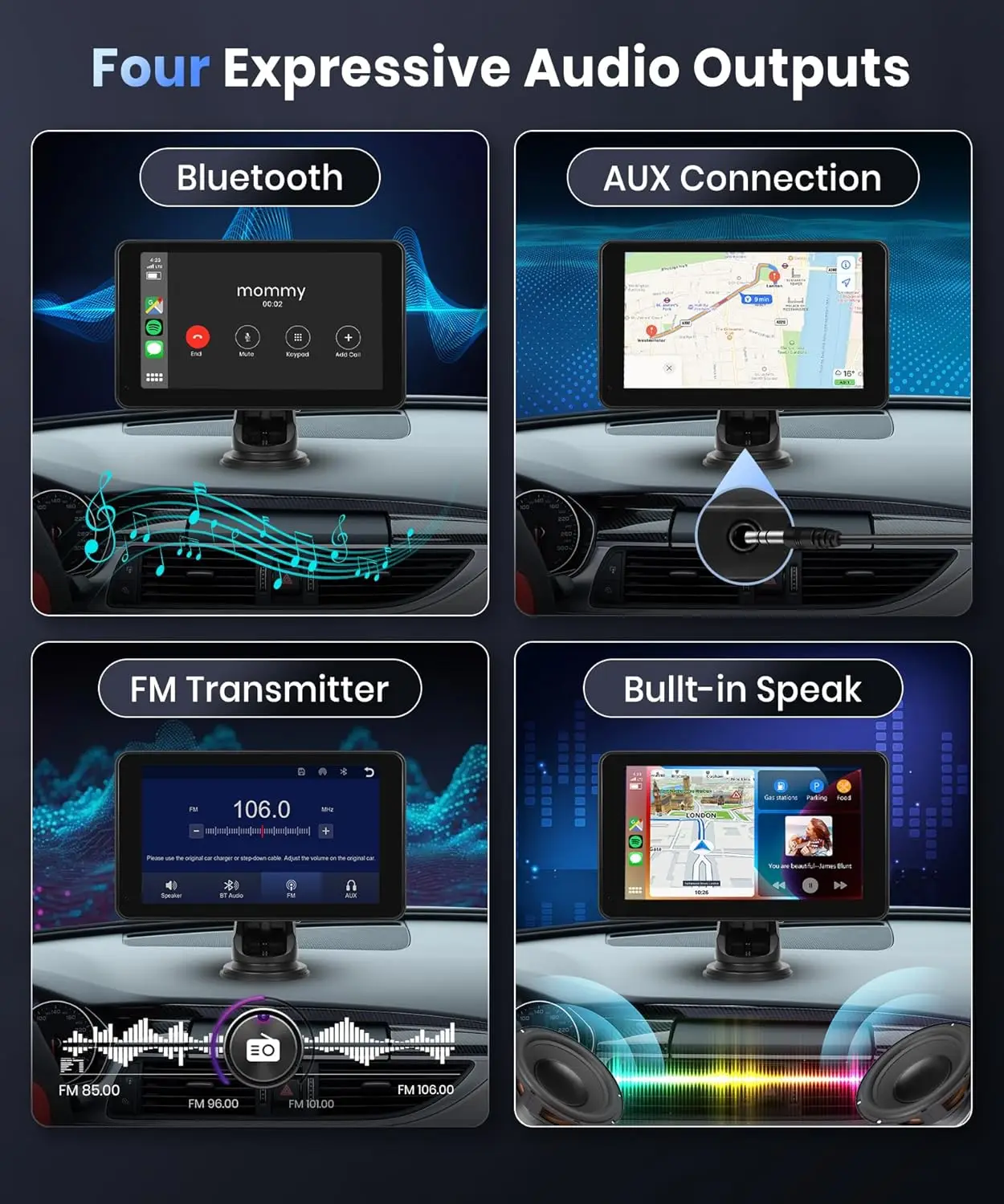 7-дюймовый беспроводной экран CarPlay, HD IPS Touch, Android Auto, Bluetooth 2.0, MirrorLink, GPS, голосовое управление, AUX, FM-передача