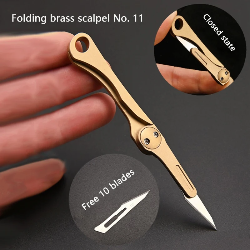 

New Brass Folding 11 Scalpel Utility Knife Mini Folding Keychain Scalpel EDC Express Open Box Knife with 10 Blades