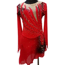 Women Red Figure Skating Dress Open Back Long Sleeve Spandex Girls Ice Skating Dress Outfits Training Skating Rhinestone Dress