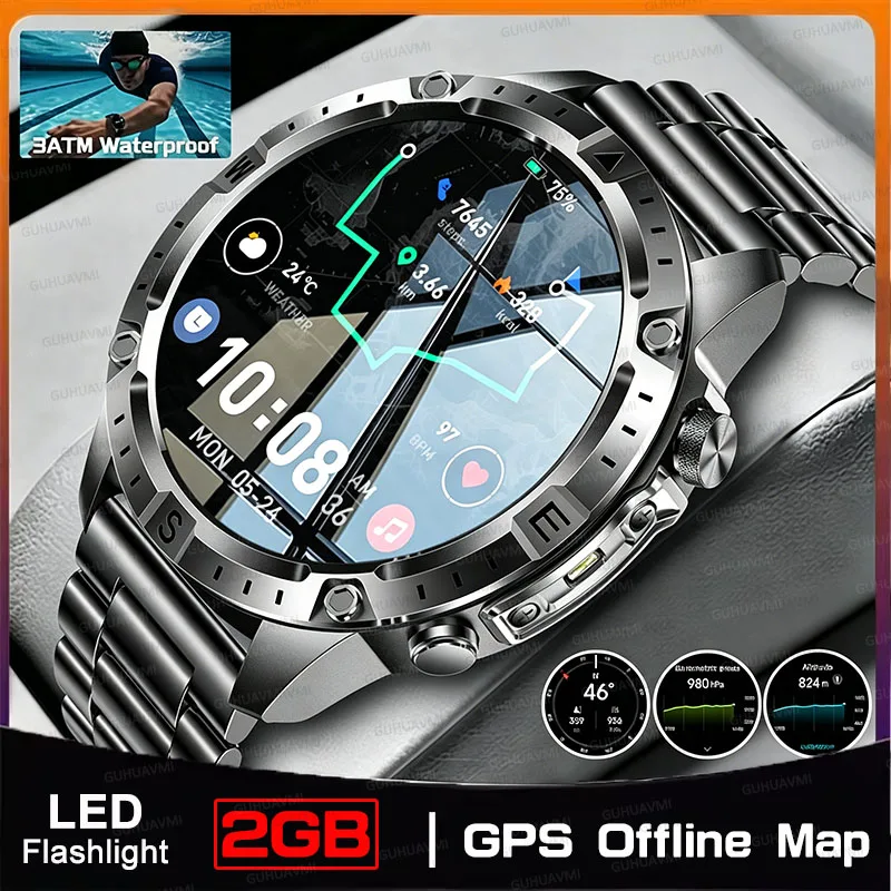 

NEW Military GPS Offline Map 1.43'' AMOLED Screen Smart Watch 2GB ROM 730mAh Battery Compass 3ATM Waterproof HD Call Sport Watch