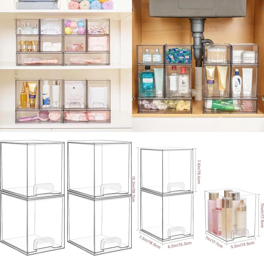 4-Piece Clear Plastic Stackable Drawers for Skincare, Cosmetics, and Beauty Essentials: Perfect for Vanity, Bathroom, and Kitche