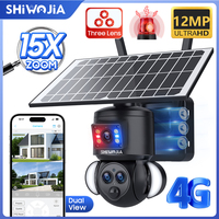 SHIWOJIA 12MP Solar Camera 4G 15X Zoom Dual Screens WIFI 8W Solar Panel Security Three Lens 15600mAh Battery PTZ IP Camera PIR