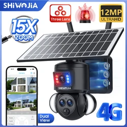 SHIWOJIA 12MP Solar Camera 4G SIM 15X ZOOM Dual Screens Three Lens 360° Outdoor WIFI Battery Security Camera Humanoid Tracking