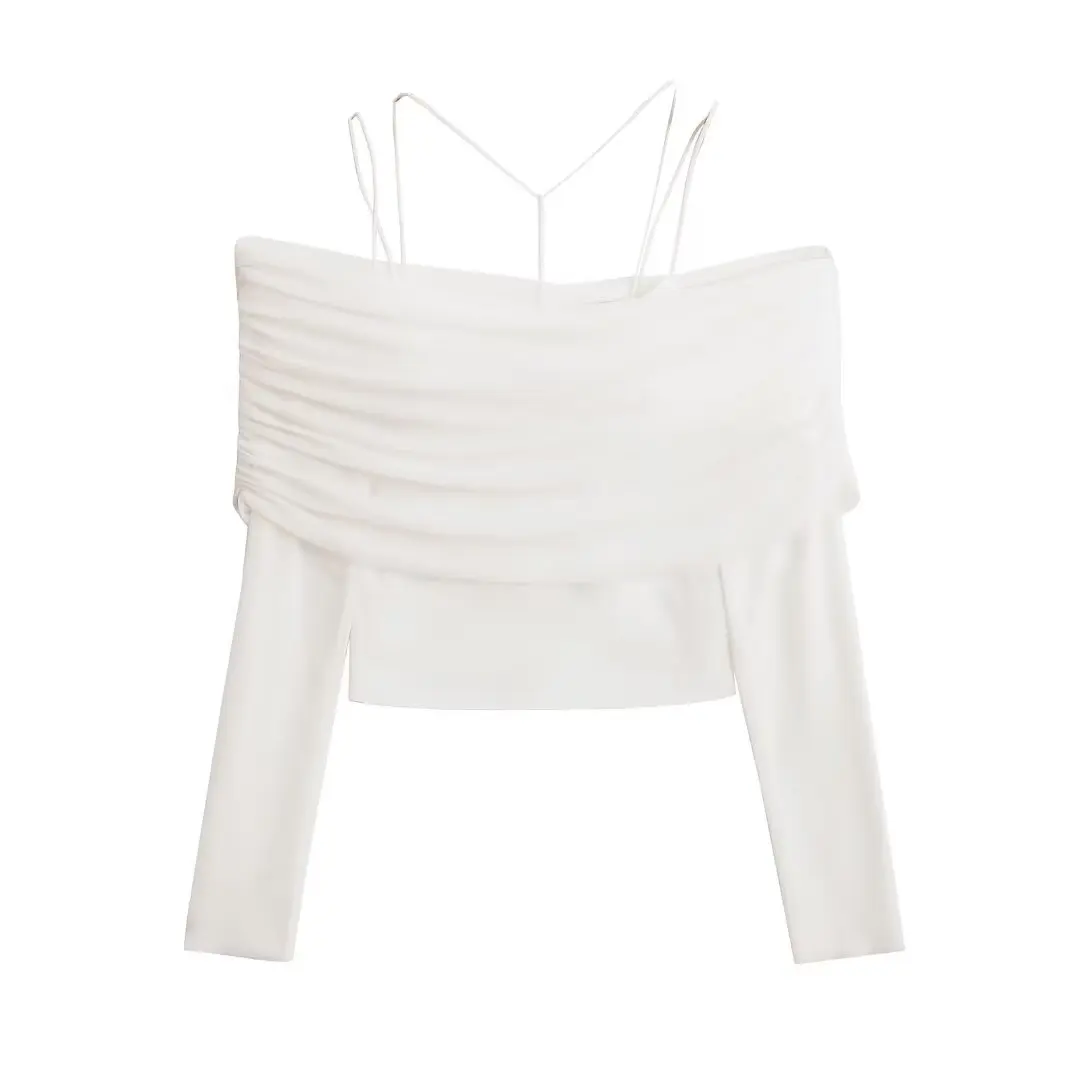 طقم نسائي مثير بتصميم شبكي وحمالة رقبة معلقة، توب وبنطلون مرن بتصميم كروس على الكتف الواحد