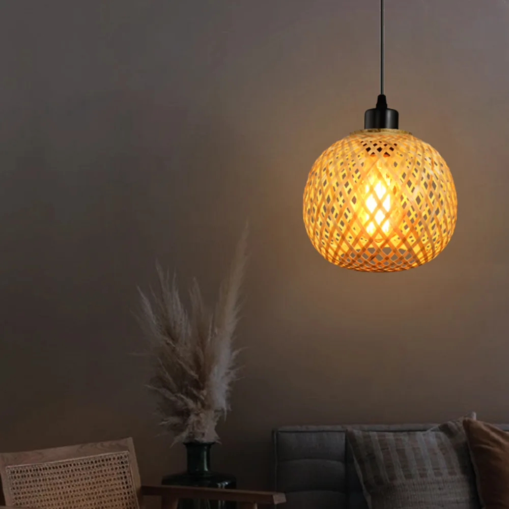 

Bamboo Lantern Little Pendant Lamp Natural Rattan Wicker E27 LED Chandeliers Hand-Woven Lampshades Fixture Hanging Light