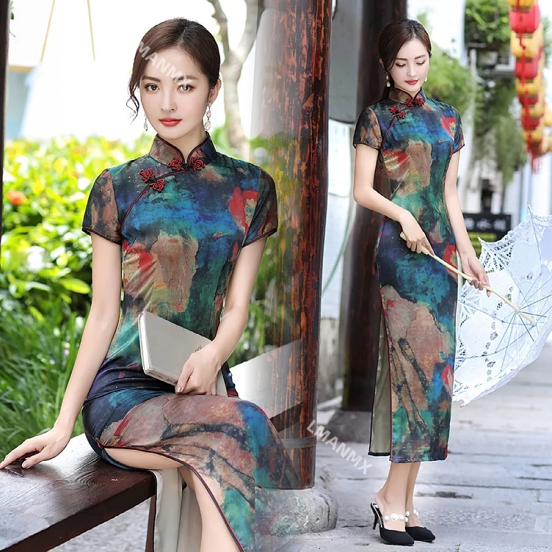 Summer Long Cheongsam Vintage Qipao Silk Fashion Daily Women Dress Slim Party Costume Dresses