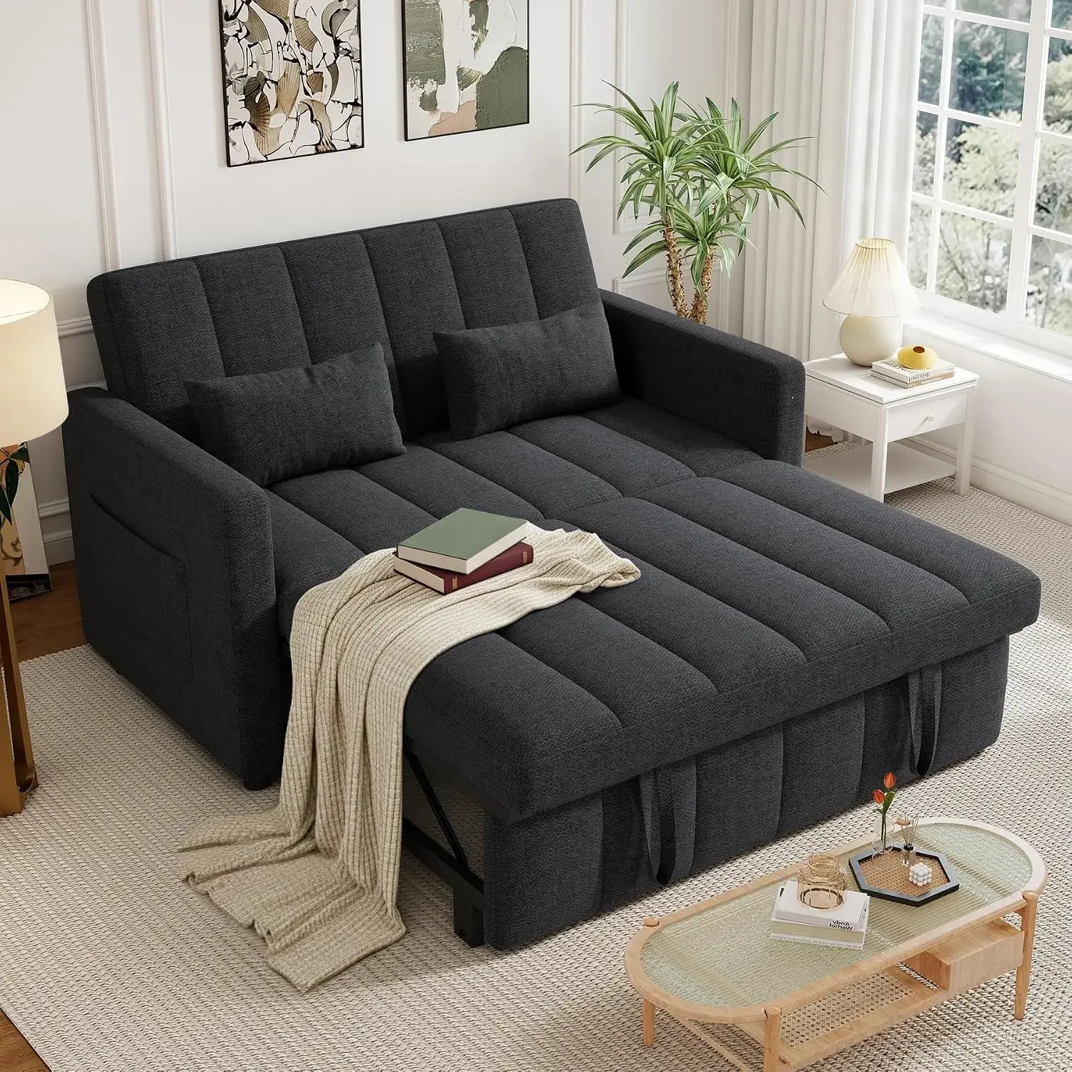 Sleeper Sofa Bed,3-in-1 Convertible Pull Out Couch with Adjustable Backrest for Living Room,Loveseat Sofa Bed with Side Pockets,