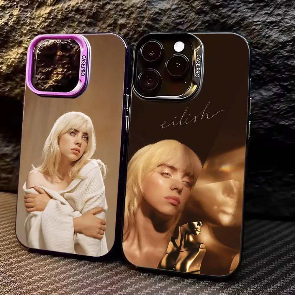 Funda de teléfono B-Billie Eilish Singer para iPhone 17,16,15,14,13,12,11 Plus,Pro Max, funda de teléfono plateada de color
