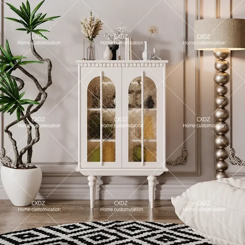 Solid Wood Dining Side Cabinet with Sensor Light Glass Door Retro Style Storage Locker for Living Room Entrance Hallway