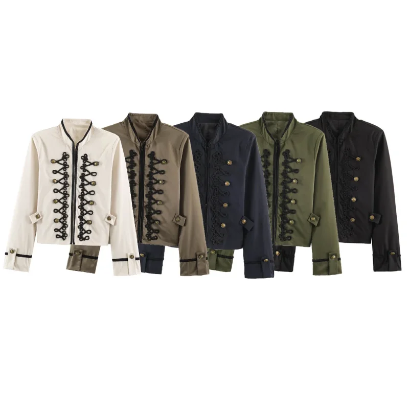 2026 Autumn Trendy Women Napoleon Knight Style Parka Solid Color Long Sleeve Rope Knot Decor Female Casual Jacket Outer Tops