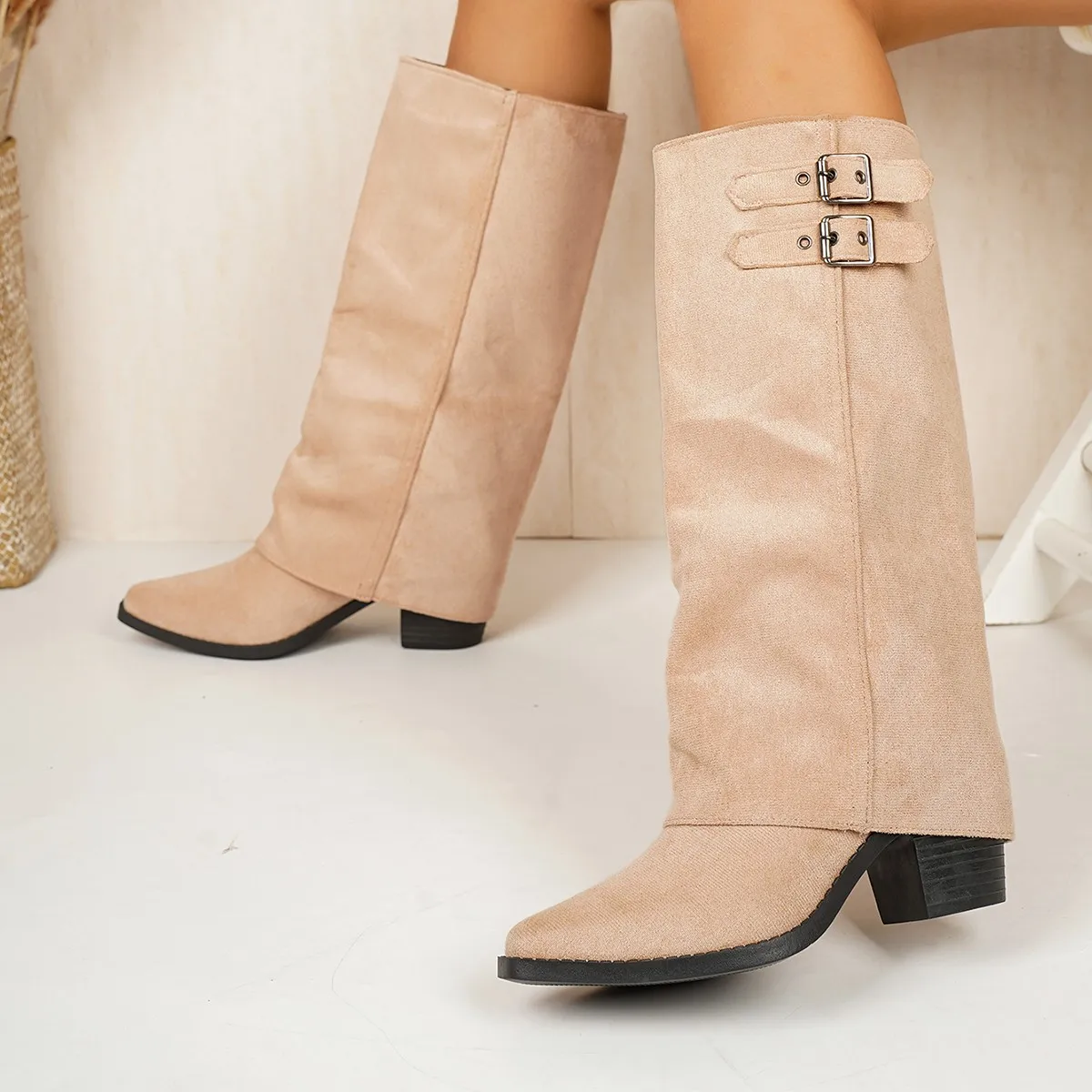 Retro Pointed Toe Thick Heel Long Tube Knight Boots Women's Fashion Boots High Tube Pants Boot Autumn New Style Size 36-43