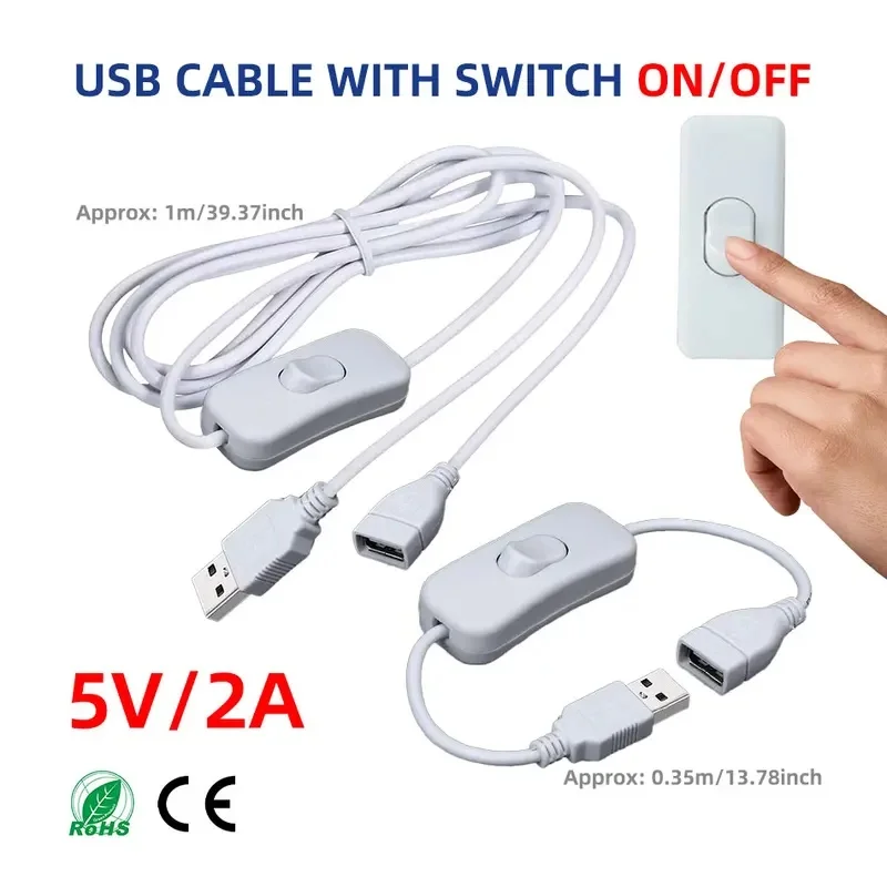 USB Switch Extension Cable Male to Female 303 Rocker ON/OFF 5V2A 22AWG Power Only Cord For USB Fan LED Desk Lamp Bedside Light