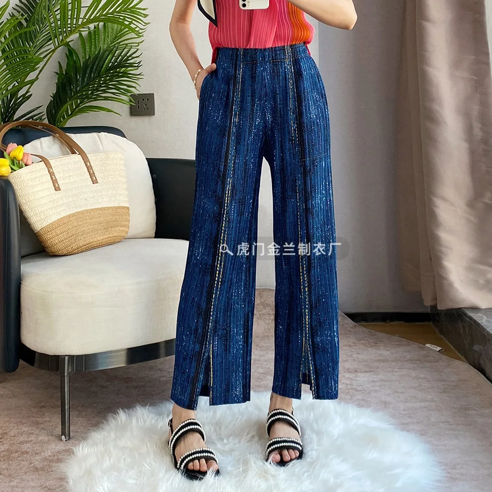 

Faux Denim Pleated Women Trousers High Waist Casual Breathable Light Fabric Home Daily Female Pants 2025 Summer New Clothing