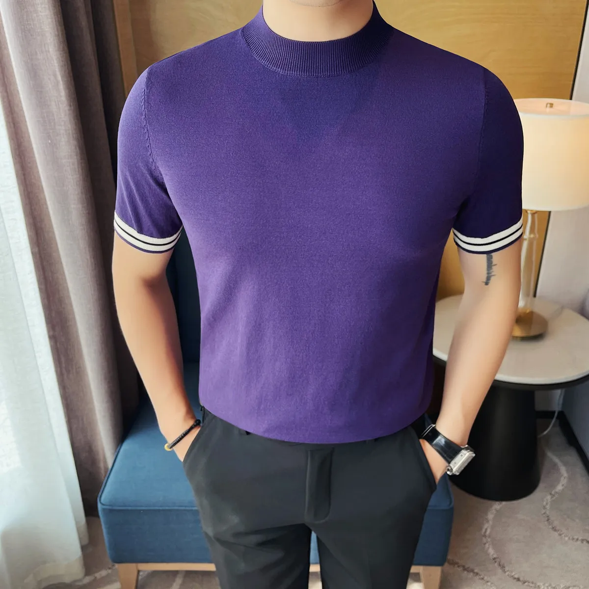 

Summer Knitted Ice Silk Short Sleeved T-shirt Men's Round Neck Slim Casual T-shirt Versatile Business Social Knitted Pullover