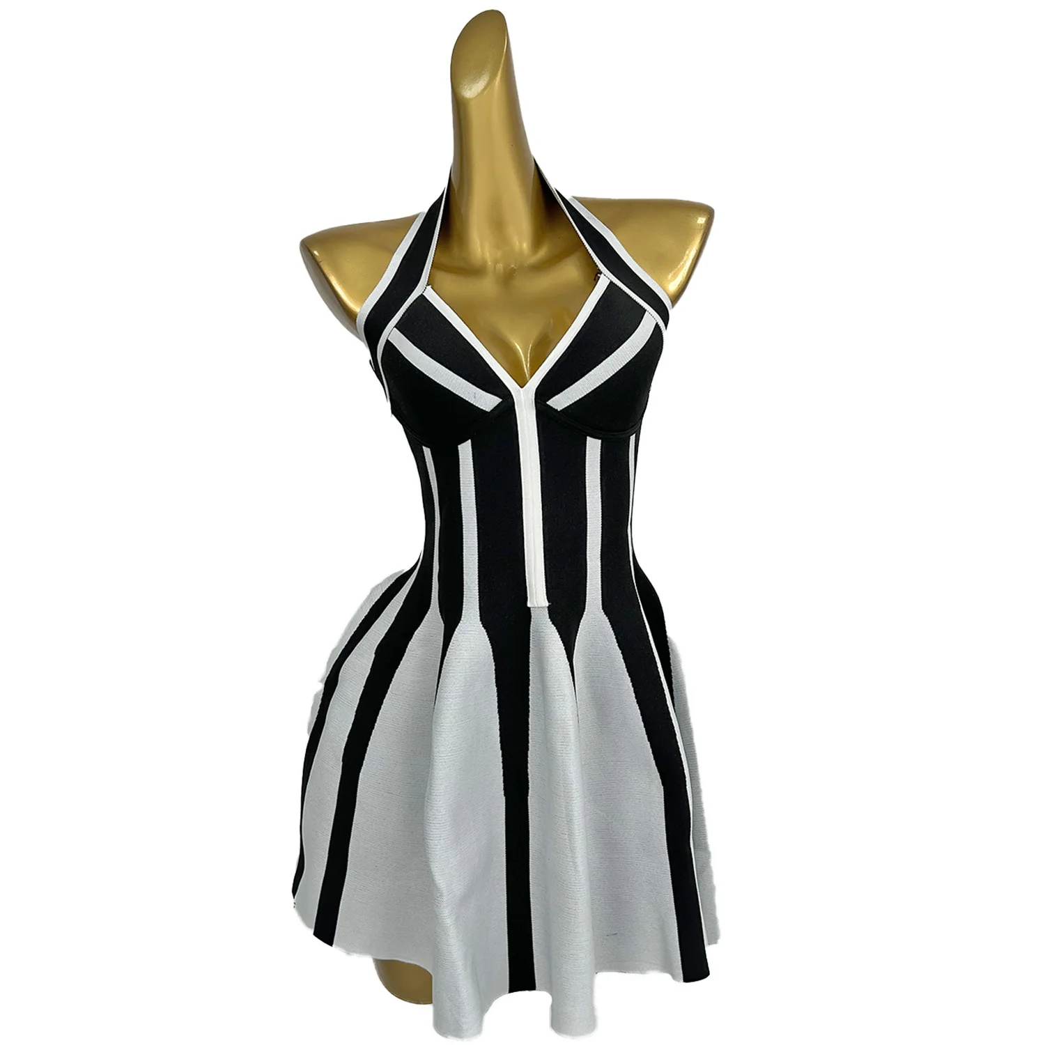 Women's Neck Strap Dress Black  White Striped A-line Dress Red Carpet Runway Show Dress Wedding Cocktail Party Dress KE1208