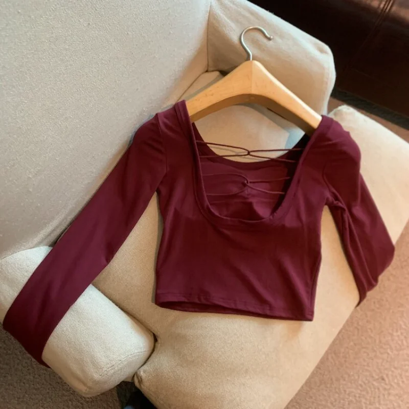 Pure Desire Back Cross Long Sleeve T-Shirt Small Shirt behind the Scenes Polyester Fiber Slim Fit Daily Wear Summer 2026