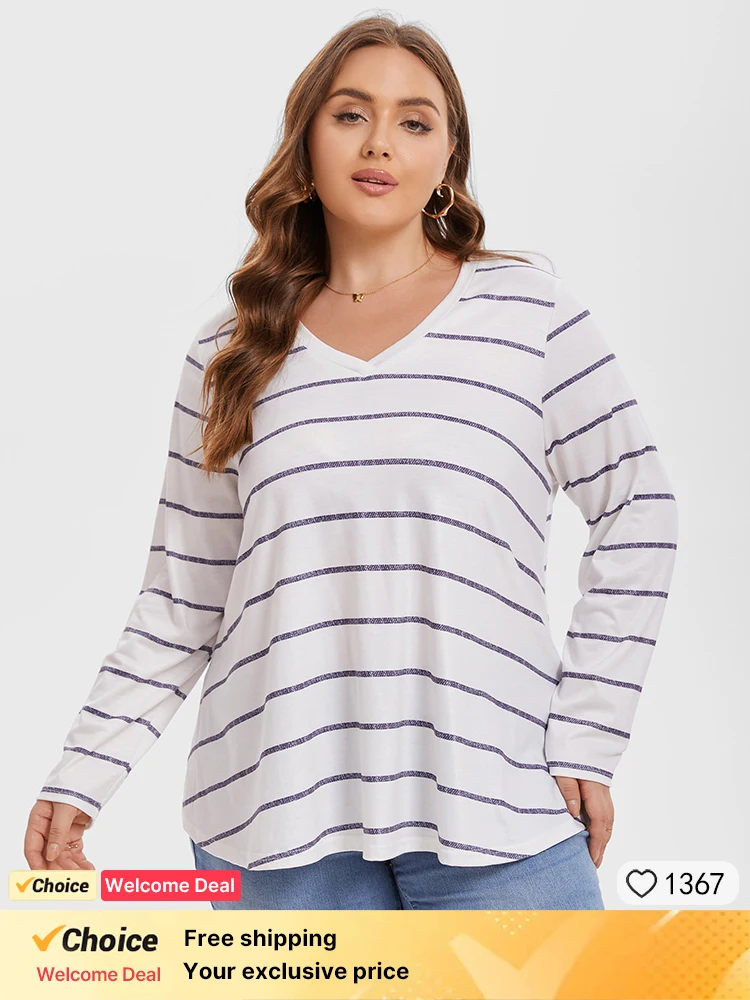 Plus Sized Clothing Women's Clothing Spring Casual Striped Print Loose Basic T-shirts Female Casual V Neck Long Sleeve Pullover