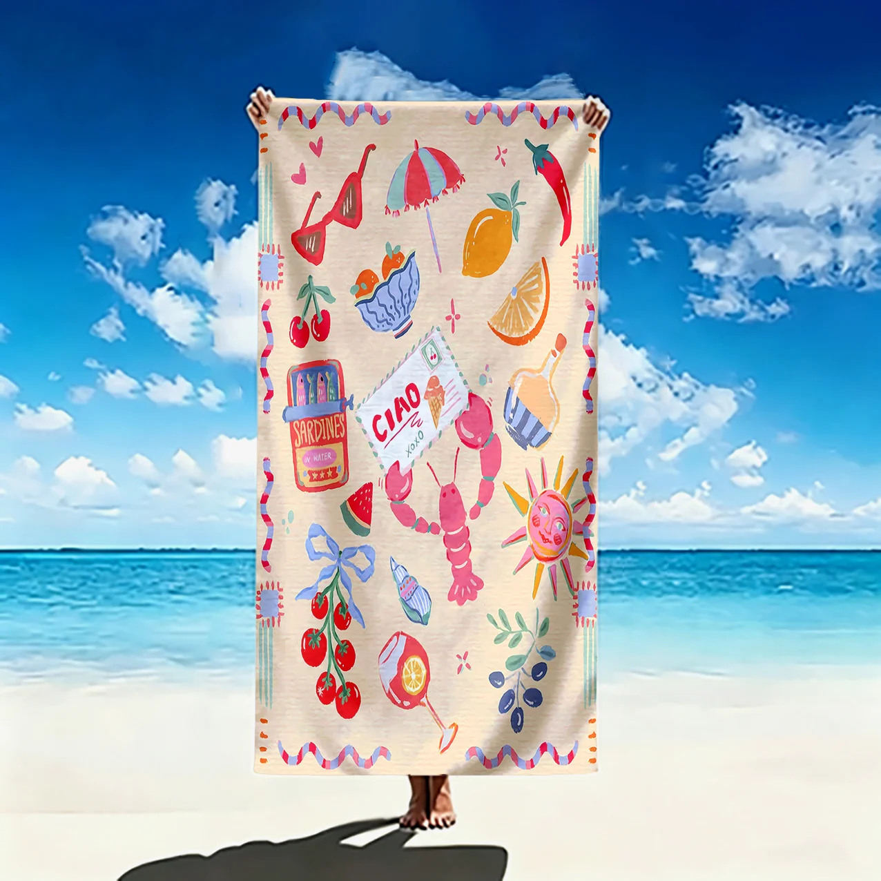 1pc Relaxed Ins Style Beach Towel | Southern European Fun Theme Towel | Lobster Citrus Red Wine Glass Cartoon Hand-Drawn