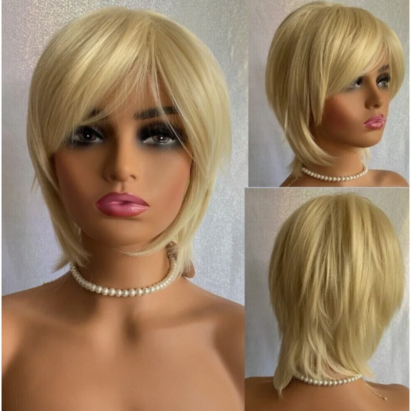 

Шикарный короткий прямой многослойный крой блондинки # 613 Парик из синтетических волос для женщин, натуральный, новый