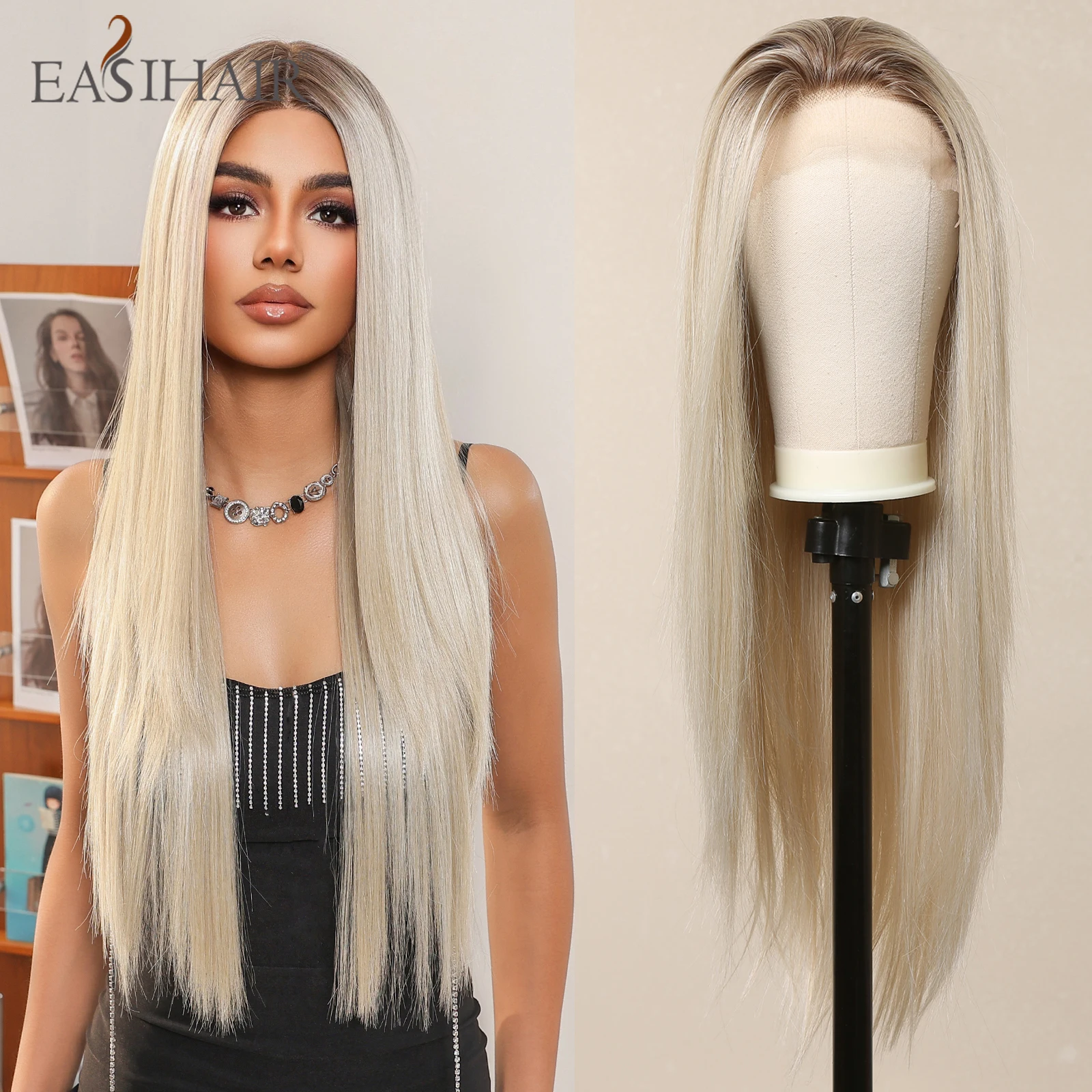 

EASIHAIR Long Silky Straight 13*4 Synthetic Lace Front Wigs for Women Platinum Blonde Ombre Lace Wig with Baby Hair High Density