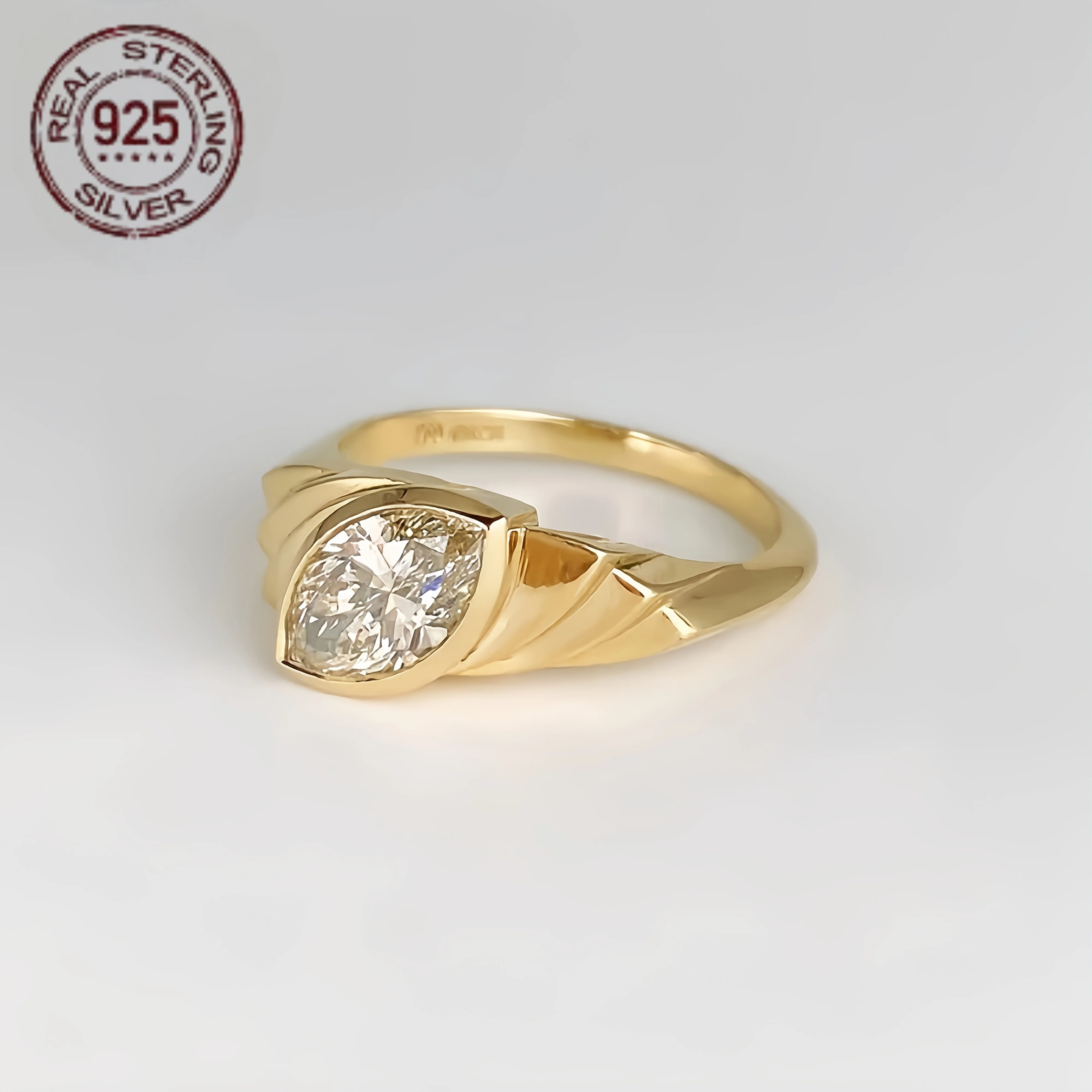 Art Deco Marquise Cut Diamond Zircon Ring 925 Silver Over Gold Plated Horse Eyes Retro Wedding Rings For Women Banquet Jewelry