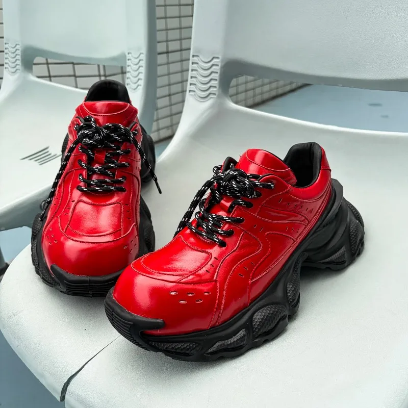 Fashion Men Height-increasing Casual Shoes Red Genuine Leather Chunky Sneakers Lace-Up Platform Streetwear Shoes