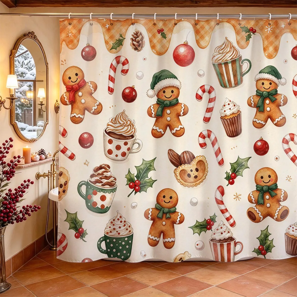 Merry Christmas Shower Curtain Pink Deer Gingerbread Flowers Print Curtain Waterproof Durable Bathroom Home Decor New Year Gift