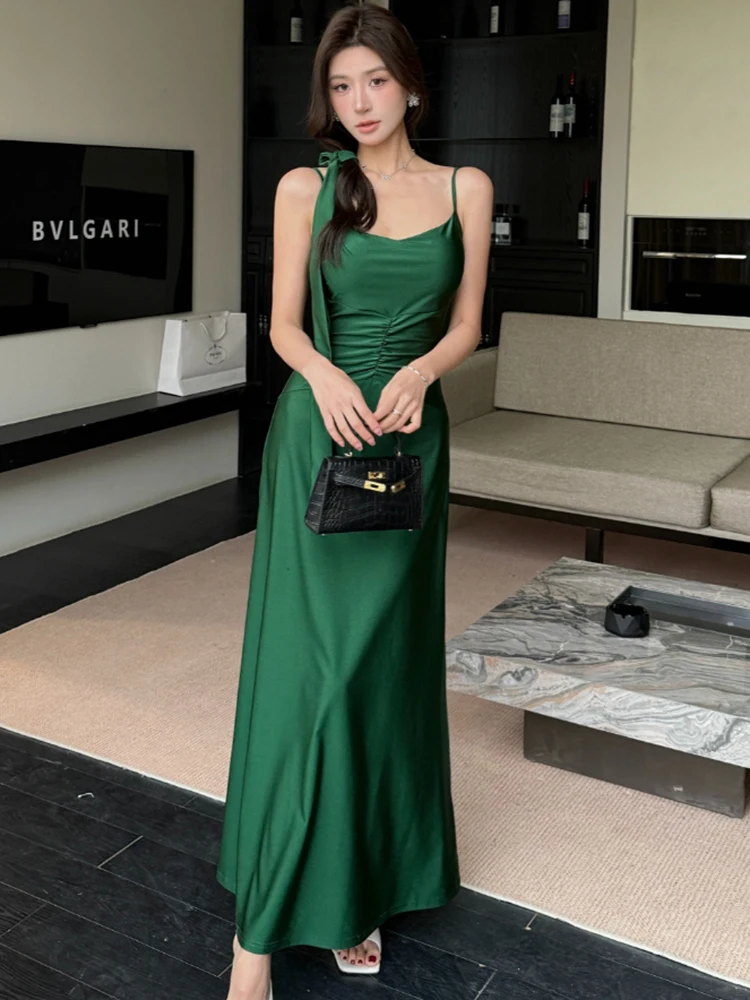 Frauen Grün Plissee Bodycon Quadrat Kragen Sling Kleid Sommer Elegante Luxus Maxi Kleid 2025, Koreanische Vintage Party Abendkleider