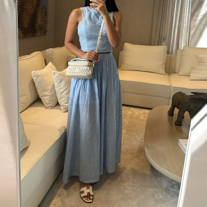 

Elegant O Neck Pullover Tank and Long Skirt Outfits Women Sexy Jacquard Hollow Out Summer Suit Casual Sleeveless Solid 2Pc Sets