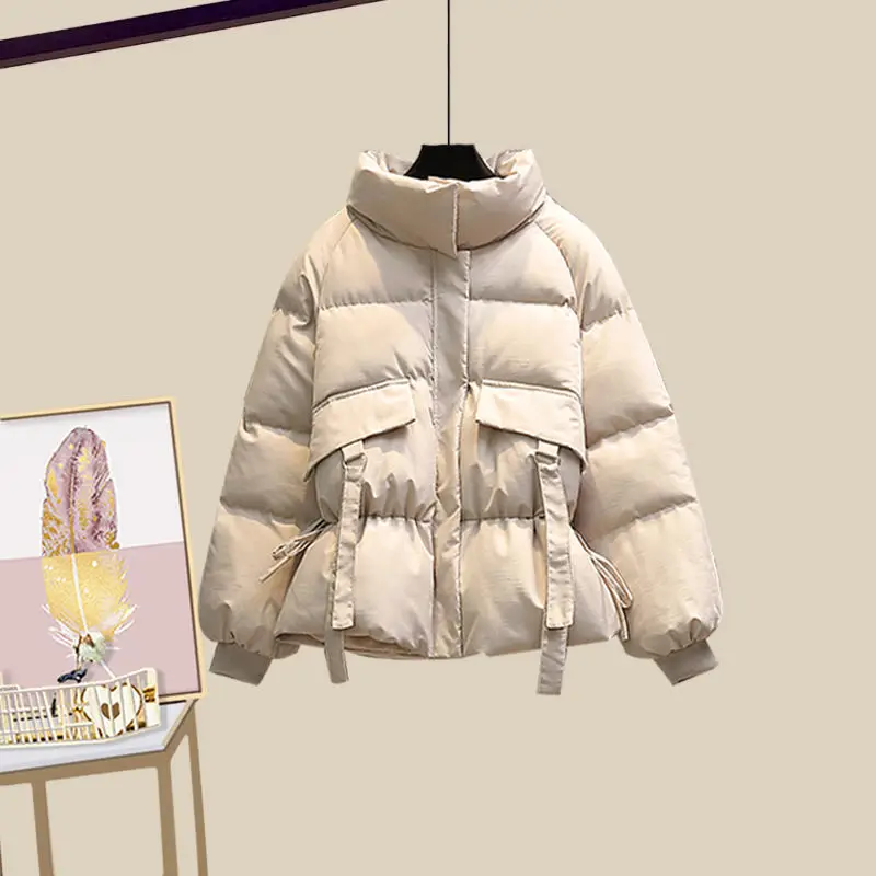 2022 New Autumn and Winter Korean High Neck Sweater Down Cotton Jacket + Fashion and Leisure Three Piece Skirt Suit