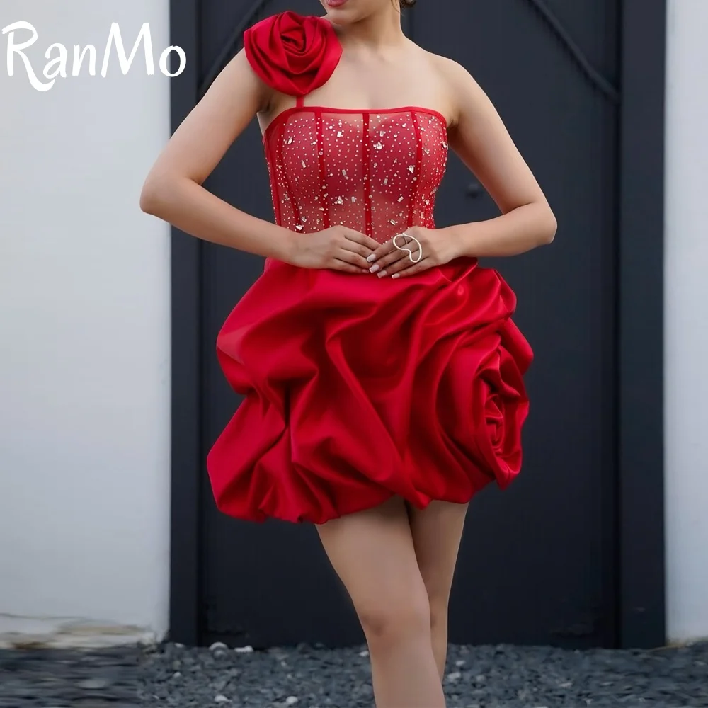 

Ranmo Customized Strapless Red Beaded Short Party Dress Pleat 3D Flowers Lace Up Sleeveless Elegant Pleat 2025 Cocktail Dress