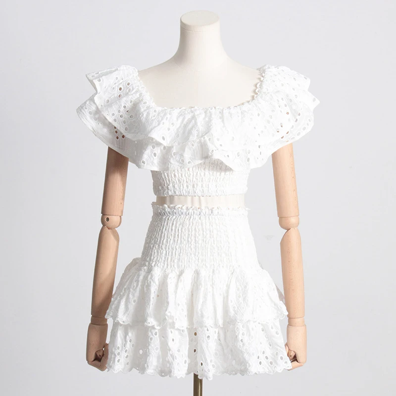 Conjunto de dos piezas de falda calada para mujer, Tops cortos de manga corta con hombros descubiertos, conjuntos de falda con cintura elástica de verano