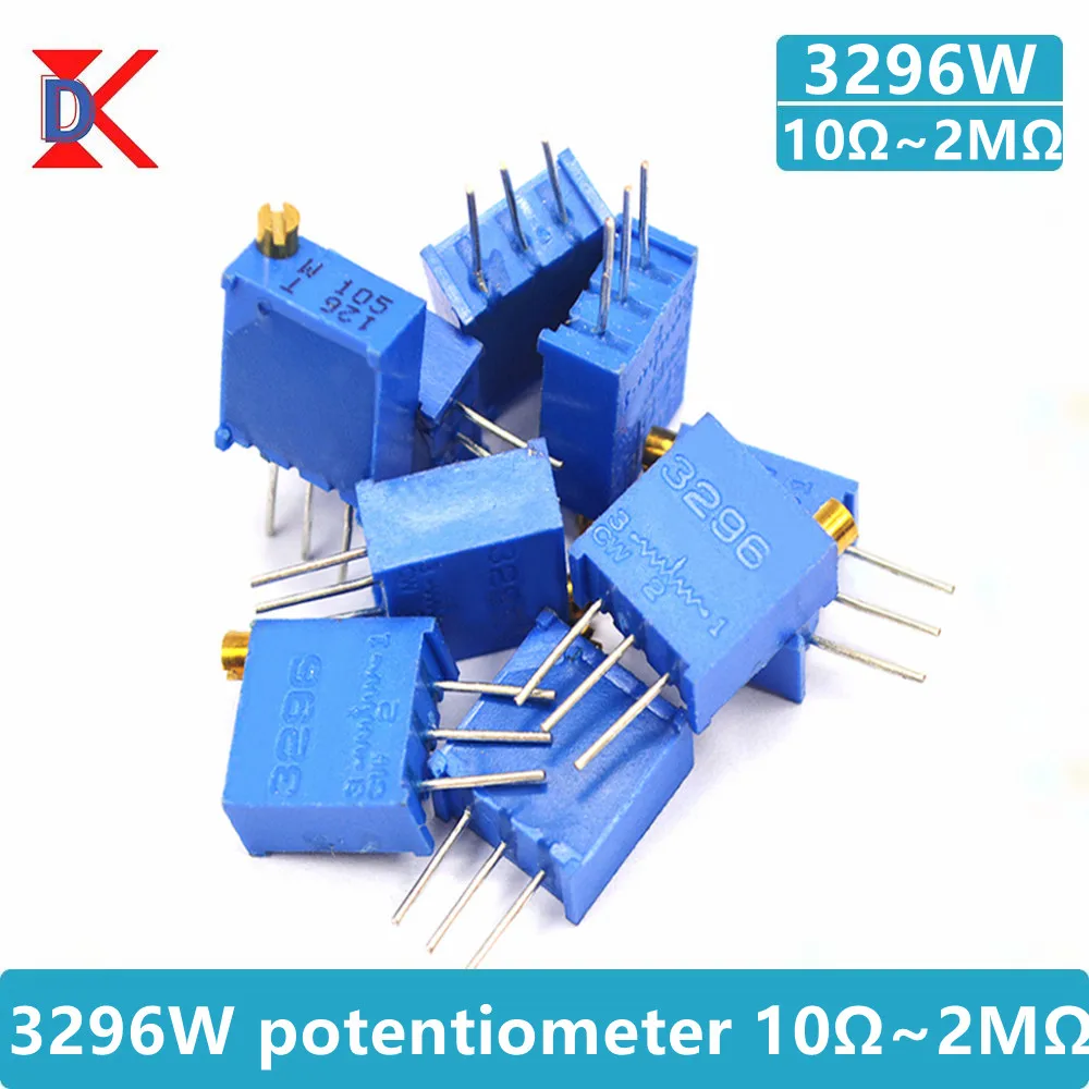 10Pcs 3296W Potentiometer Precision Adjustable Resistors Multi-Turn Trimmer 20 50 100 200 500R Full Value Ohm Resistance 1K 10K