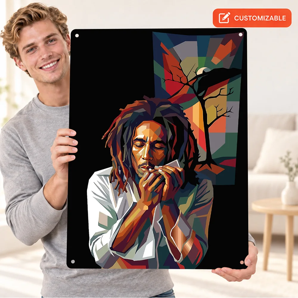 Bob Marley Playing Harmonica Aluminum Poster Customized Metal Sign Geometric Wall Art For Music Corner, Record Collector Gift