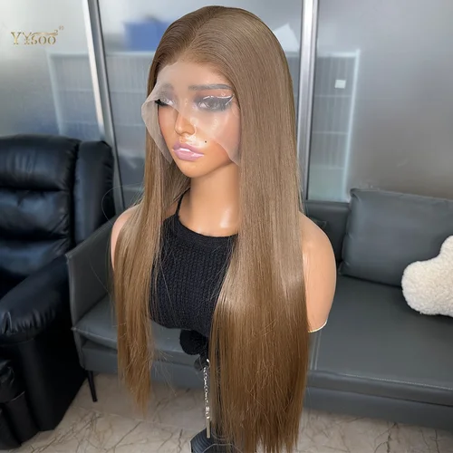 Imagen 2 del producto Peluca atada a media mano resistente al calor, parte profunda, recta sedosa, 13x6, larga, marrón, Futura, sin pegamento, pelucas delanteras de encaje sintético, uso diario para mujeres