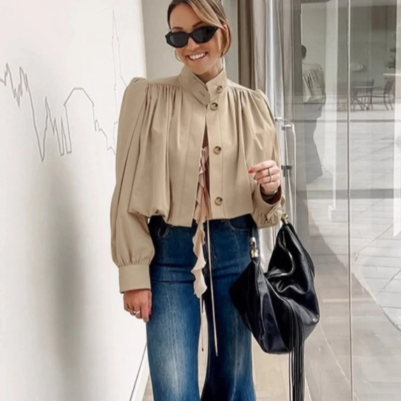TARUXY Puff Sleeve Short Jacket Coat Women's Fashion Pleated Loose Solid Stand Collar Jacket Autumn 2025 Lady Outwears Street