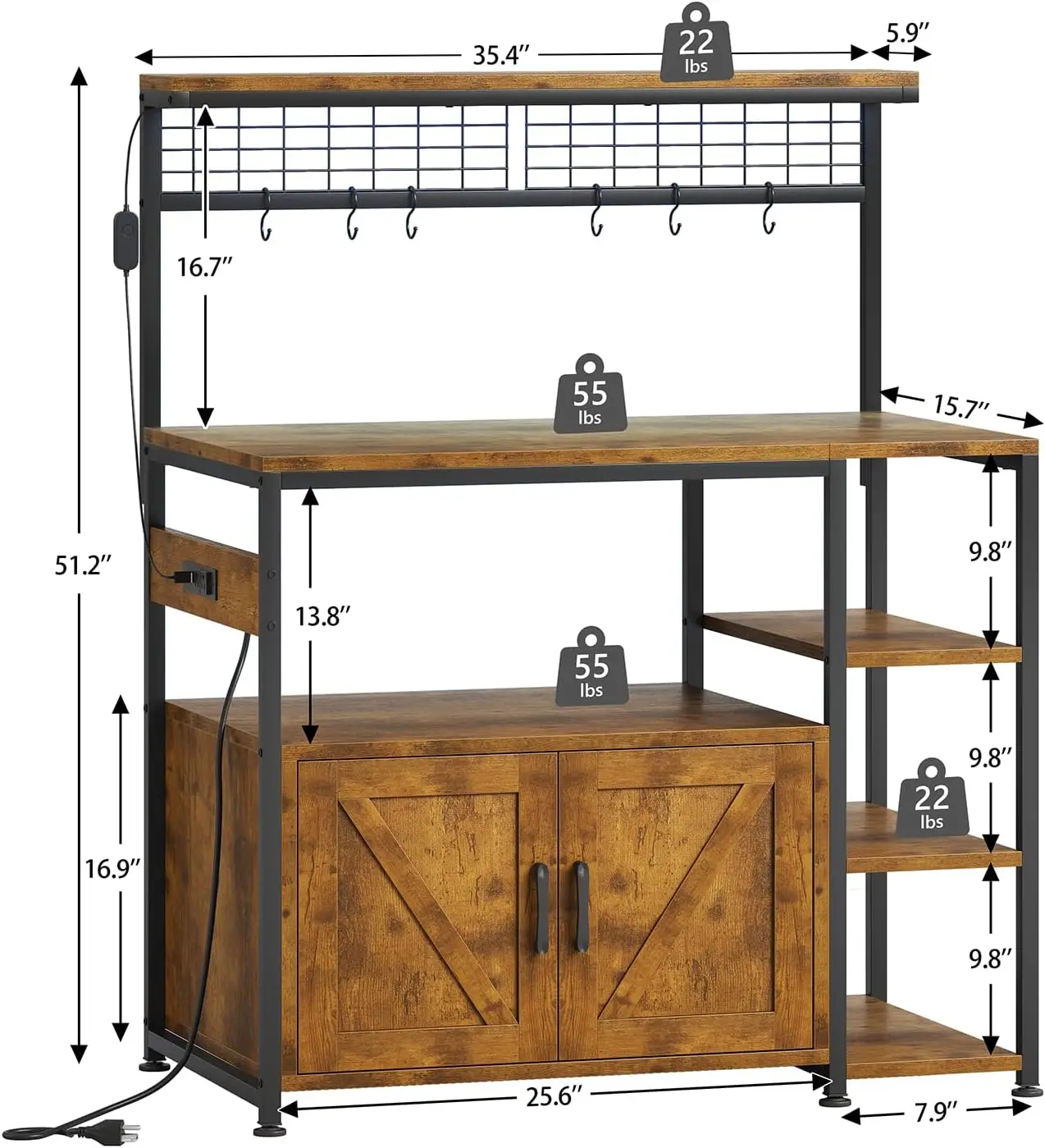 Bakers Rack with 2 AC Outlets & 2 USB Ports, RGB LED Light Strip, Microwave Stand with Storage Cabinet, Coffee Bar Station with 6 Hooks