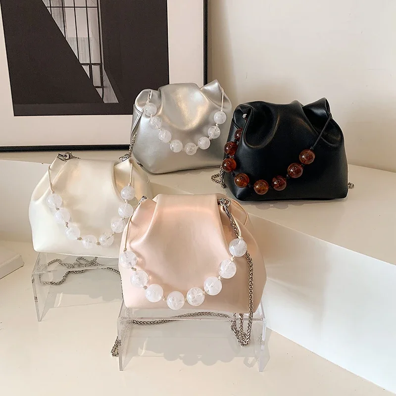 

Solid PU Chains National Style Youth Crossbody Bag 2025 High Quality Casual Women's Handbags Summer Beading String Shoulder Bags
