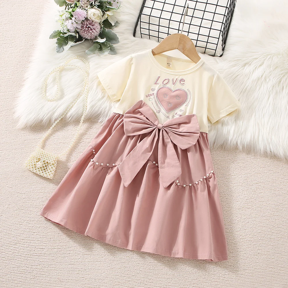 Baby Girl Dress Summer Cotton Bow Heart Pattern Pearl Trim Baby Dresses Cute Breathable Baby Girl Clothing