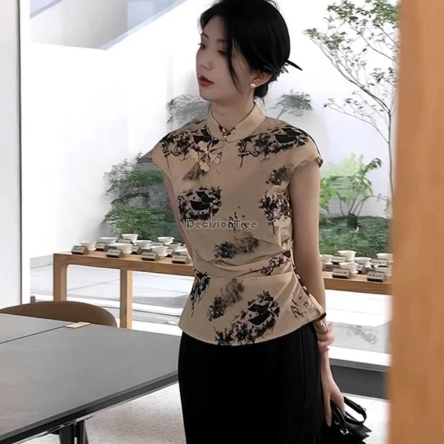 2024 new chinese style improved stand collar qipao top retro temperament elegant gentle zen top summer thin slim printing blouse