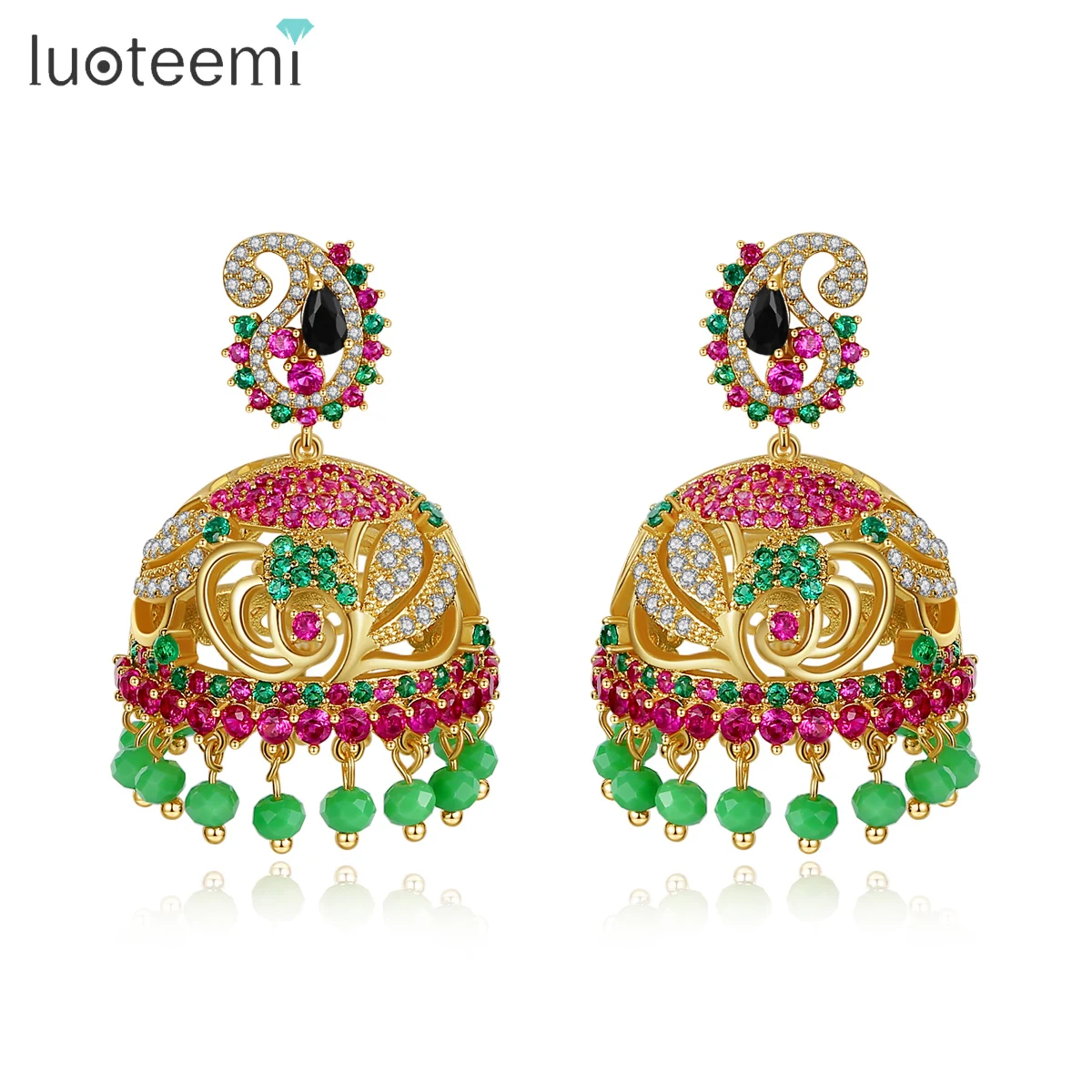 

LUOTEEMI Gorgeous Colorful Indian Design Drop Earrings for Women Wedding Party Green Beads Ethnic Flower Brincos Mother Day Gift