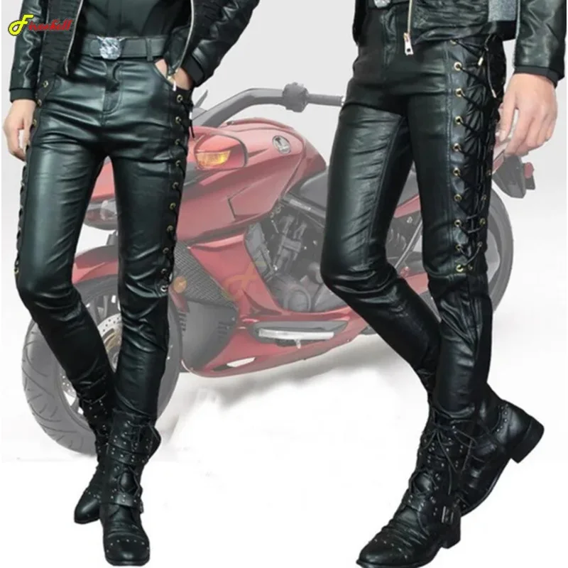 Men's leather pants cosplay fashion casual pant male slim fit PU leather locomotive pants punk rock stage show costumes js773