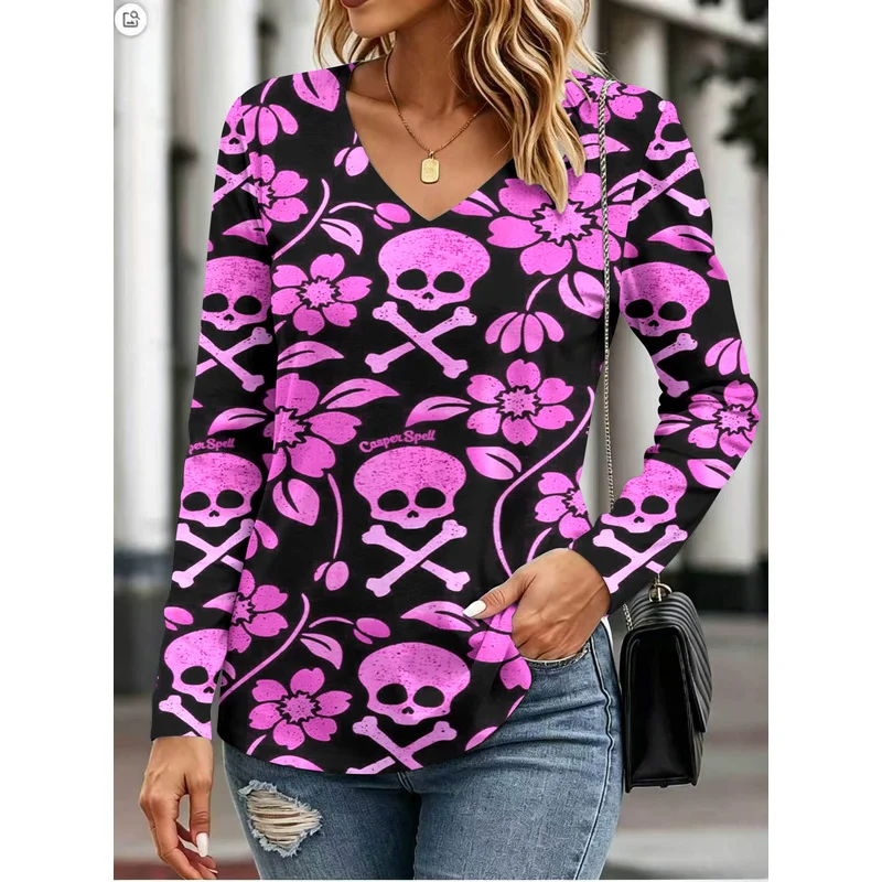 Pumpkin smiley face print women's comfortable long-sleeve top a must-have for everyday wearVCollarTShirt Bottoming Shirt