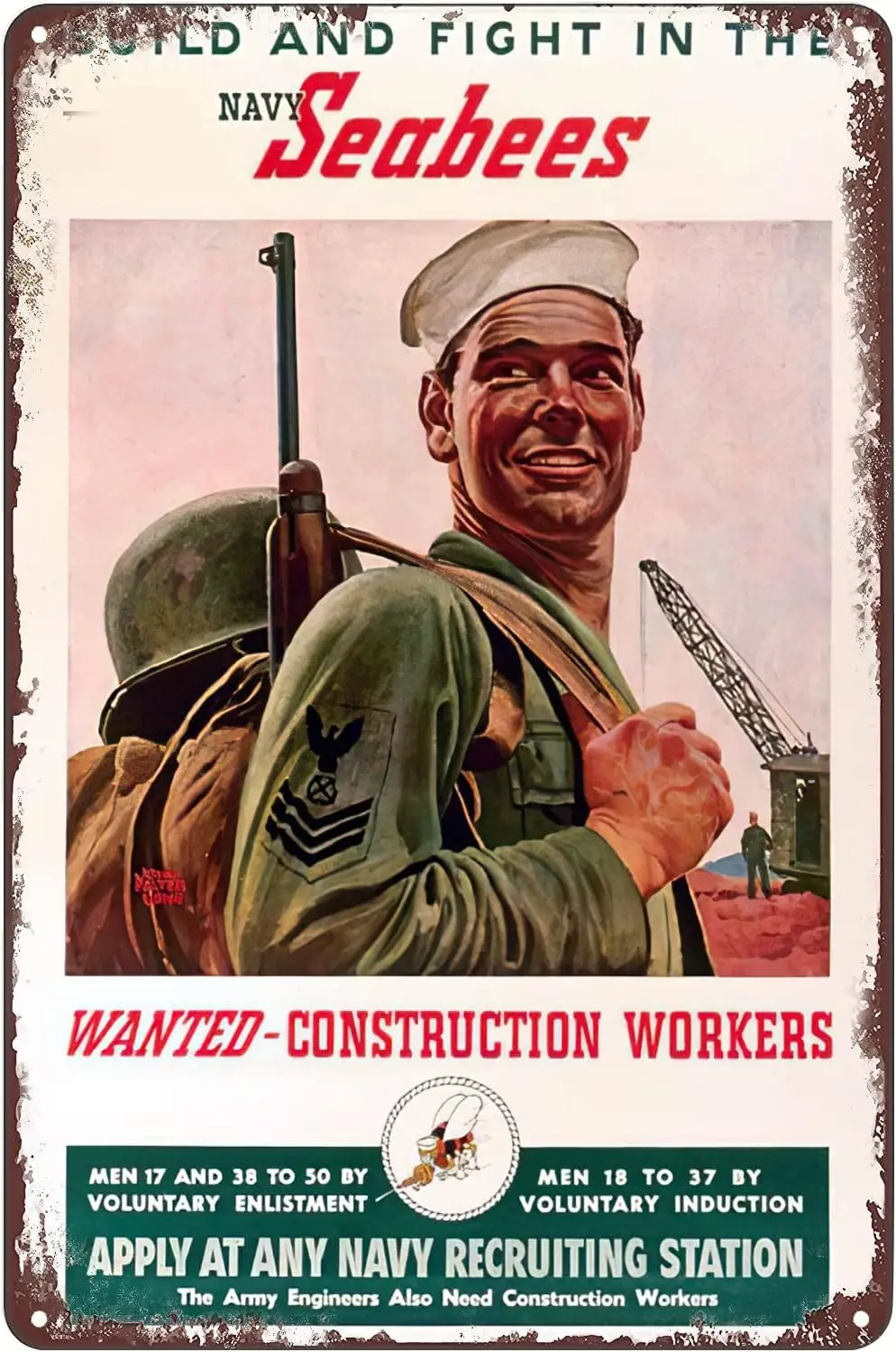Vintage Metal Tin Sign - Build and Fight in The Navy Seabees Wanted Construction Workers Ad Poster Wall Art Plaque Decor 8x12 In