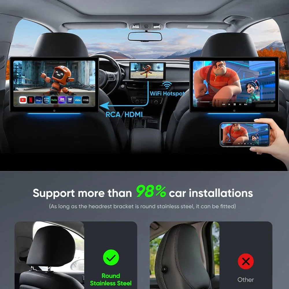Incell 14 Inch Android Headrest Monitor Tablet Screen for Rear Seat 4K Auto Video Player Support Netflix/YouTube Mirror Link view 3