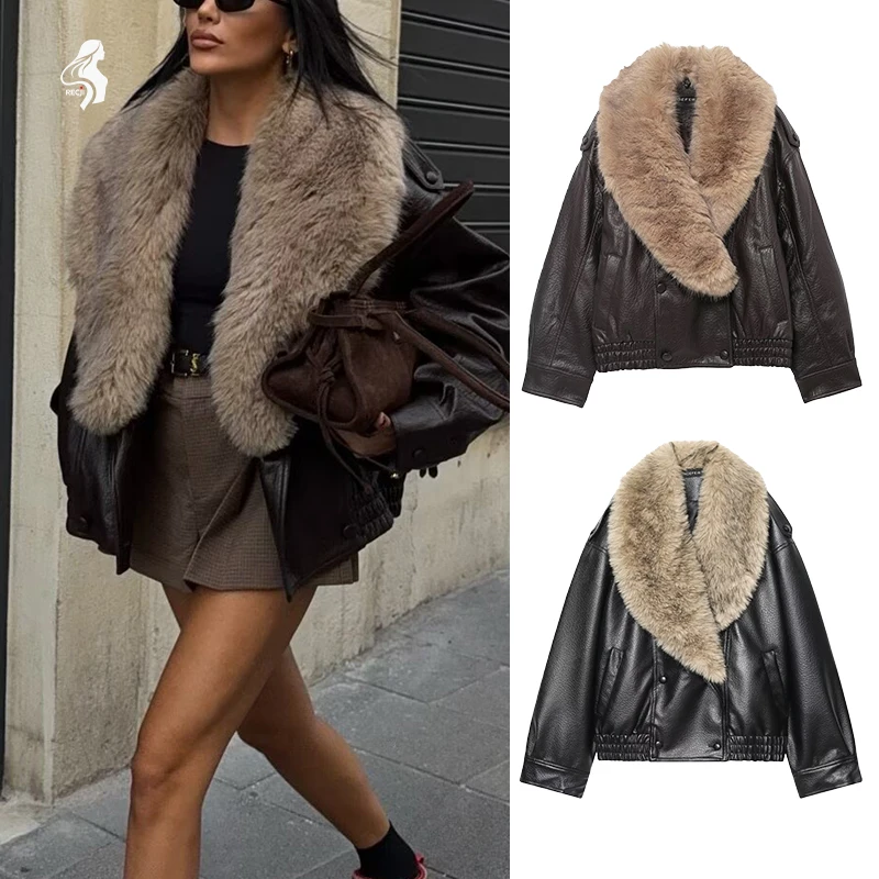 

Womens Faux Leather Jacket With Large Fur Collar Removable Collar Elastic Hem Retro Casual Commuter Biker Jacket Woman Clothes